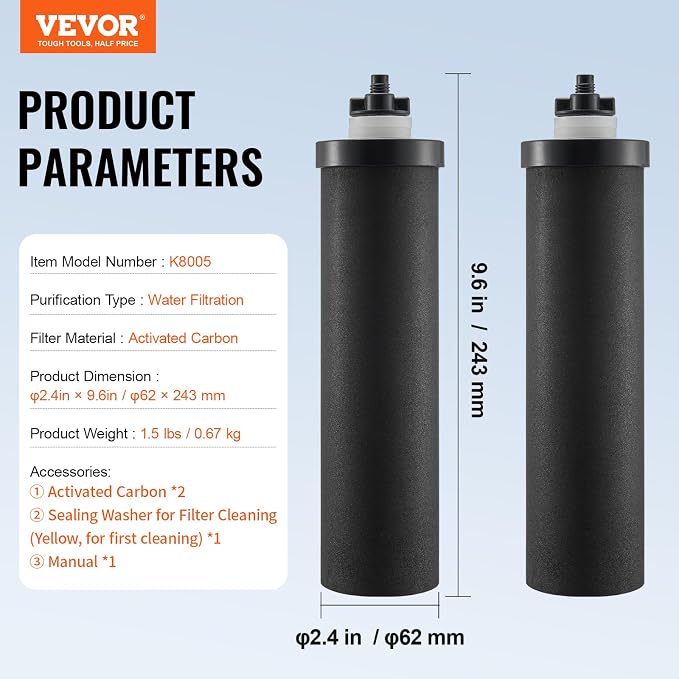 VEVOR Water Filters Replacement, Purification Elements, Activated Carbon Replacement Filters, Easy to Replace Water Filter, Gravity Water Filter System, Compatible with Most Brands, Pack of 2, Black
