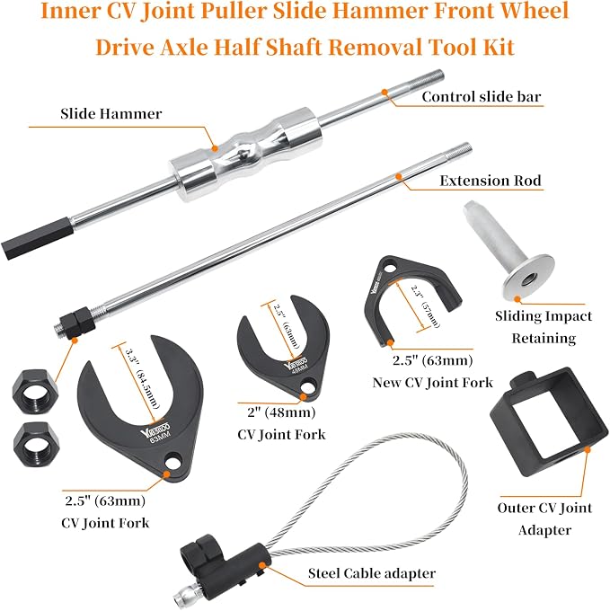 11 Piece Inner CV Axle Removal Tool, Heavy Duty Slide Hammer Puller Set, 63mm 48mm CV Joint Fork, Outer CV Joint Adapter and Steel Cable Adapter, Front Wheel Drive Axle Half Shaft Removal Tool Kit