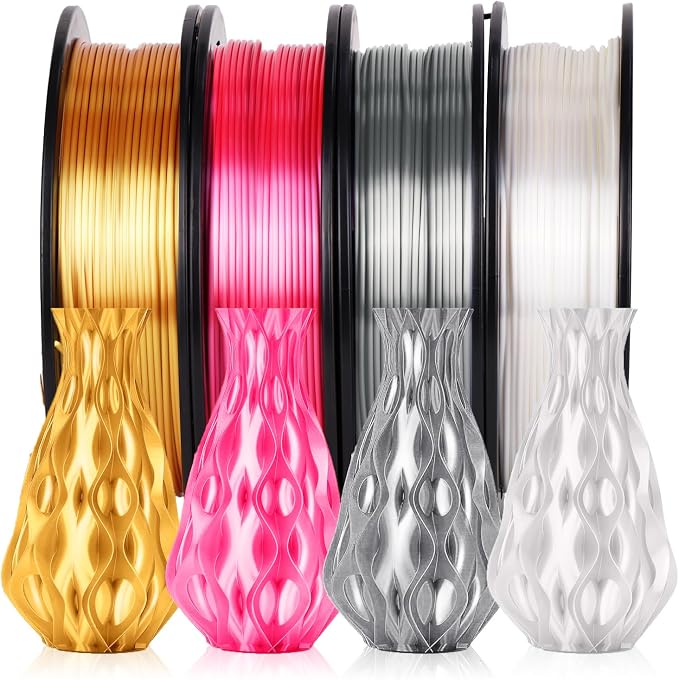 YOUSU 3D Printer Filament, 250G PLA Silk Filament Bundle, 1.75mm Smooth Silk Filament Muticolor, Silk PLA Filament 4 Color Pack 4x250g (Gold, Silver, Pink, White)