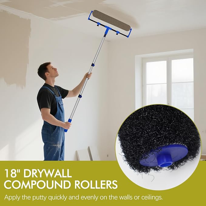 Paint Roller Kit, 18" Paint Roller Set with Paint Scraper, Putty Brushes, Tray with Disposable Liners, Extension Pole and Gloves, Wall Repair and Painting Tools for Interior Walls and Ceilings