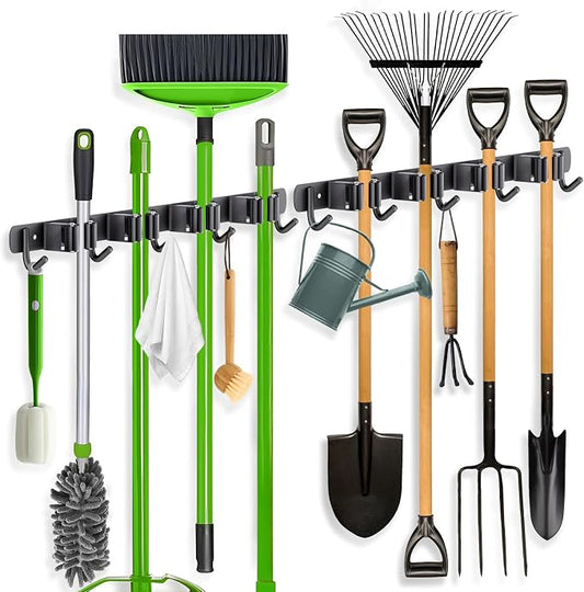 ZONGOOL 2 Pack Broom Holder Wall Mount, 4 Racks and 5 Hooks Mop Hanger Wall Mount Broom Organizer Stainless Steel Heavy Duty Garage Tool Racks for Home Kitchen Garden Laundry (Black)