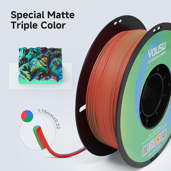 YOUSU Matte PLA Filament Tri-Colors, 1.75mm Magic Color Change Filament, Matte Red Blue Green 3 in 1 Coextrusion PLA Material, Fit Most 3D Printer, Matte Spool 1KG (2.2lbs
