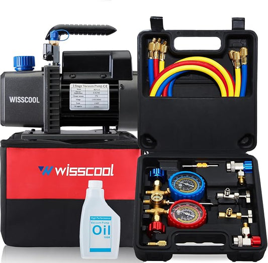 Wisscool 3.5CFM AC Vacuum Pump and 3 Way Gauge Set, 110V 1/4 hp HVAC Air Vacuum Pump Manifold Gauge Kit with 3 Hoses Adapters Accessories Carry Bag for R134a R12 R22 R502 Refrigeration Auto Systems