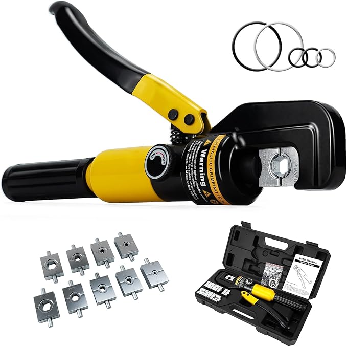 Hydraulic Cable Crimping Tool, Hydraulic Wire Crimper 12 AWG–2/0 AWG, Battery Cable Crimper Tool with 9 Hexagonal Dies, Copper Wire Lugs Crimper for US Standard Cable 12 ga-2/0 ga