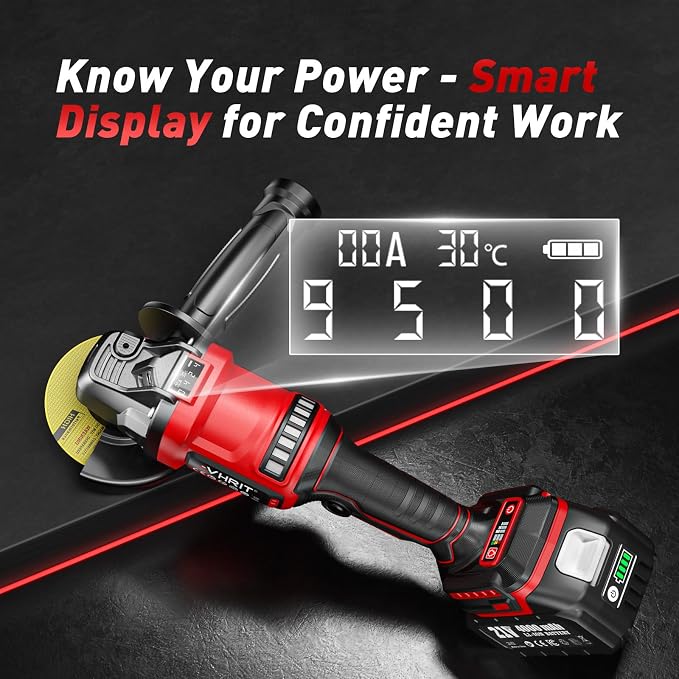 Cordless Angle Grinder 21V, 4-1/2" Battery Grinder with 2 Batteries, LED Display, Power Burshless motor, Variable Speed for Metal Cutting Grinding, Rust Removal