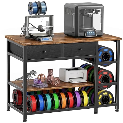 3D Printer Stand with Storage,3-Tier Heavy Duty 3 D Printer Table Shelf with 2 Fabric Drawers, 3 D Printing Desk for Tools and Supplies (Brown)