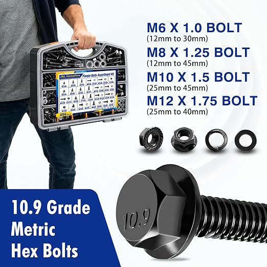 454 pcs Metric Flange Bolt Assortment Kit- Grade 10.9 M12 M10 M8 M6 Nuts and Bolts Assortment Kit, Black zinc Plating Hex Bolts and Nuts Washers,Metric Bolt Assortment for Automotive