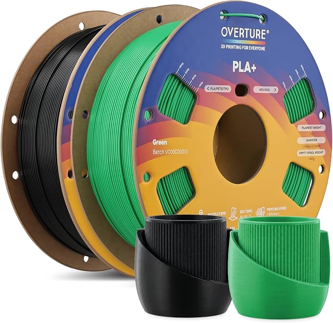 OVERTURE 2KG Bundle High Speed PLA+ 3D Printer Filament 1.75mm, Upgraded Rapid PLA 2.0 with Enhanced Toughness & Stability, 2 Pack 1kg Spool (2.2lbs) Fit Most FDM 3D Printers (Black+Green)