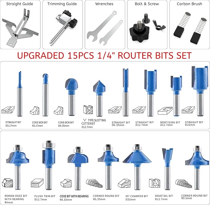 TwoWin Router Tool, 110V-120V 800W Compact Wood Router Tool for Woodworking, Electric Hand Trimmer 1/4" Collets Palm Wood Router Tools Laminate Trimmer + Tungsten Carbide Router Bits 15-Piece Set