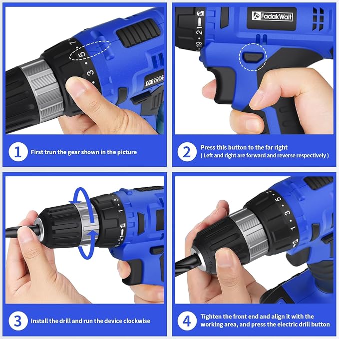 FADAKWALT Cordless Drill Set, 20V Electric Power Drill with Battery And Charger, Torque 30N, 21+1 Torque Setting, 3/8-Inch Keyless Chuck, LED Work Light, Complete Drill & Driver Bits Kit（blue)