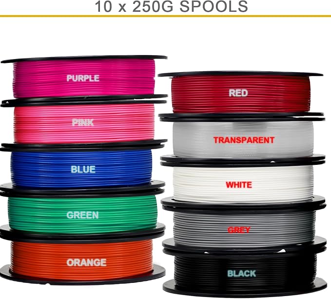 RepRapper Rapid PLA Plus (PLA+) Filament Bundle 1.75 mm, Dimensional Accuracy +/- 0.02 mm, 10 Rolls of 0.25kg, (Black+White+Grey+Blue+Red+Green+Purple+Pink+Orange+Transparent)