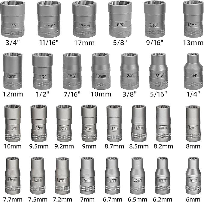 Bolt Extractor Set, 32Pcs Stripped Bolt Remover Lug Nut Extractor Set, Lug Nut Remover for Broken Damaged Rounded-Off Bolts, Nuts, Bolts, Studs, Threaded Tubes