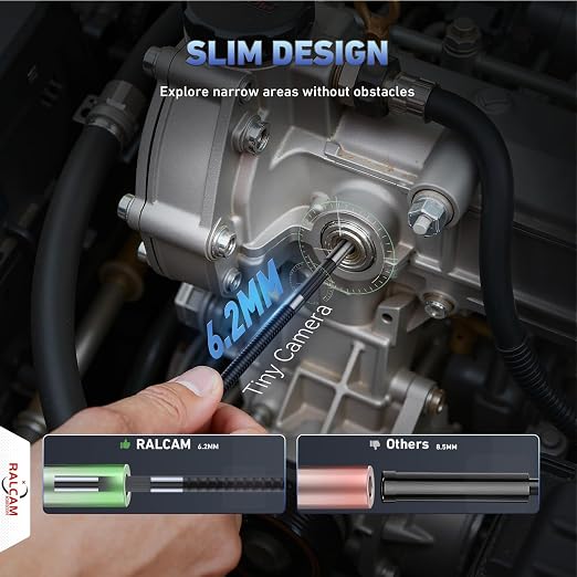 Ralcam 360° Articulating Borescope, 6.2mm/0.24in Slim Probe | 4X Zoom, Joystick 4 Ways Endoscope Inspection Camera with Light for Automotive Engine, HVAC, Mechanics