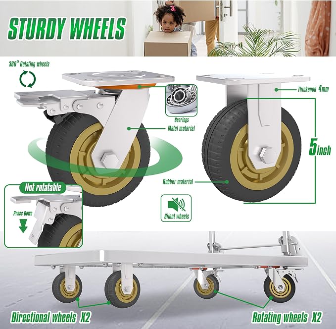 Platform Truck with Brake System 2600lbs Capacity Heavy Duty Push Cart Dolly Foldable Flatbed Cart with 5'' Swivel Wheels Large Steel Platform Dolly Cart for Groceries, Garage, Warehouse (24" x 48")
