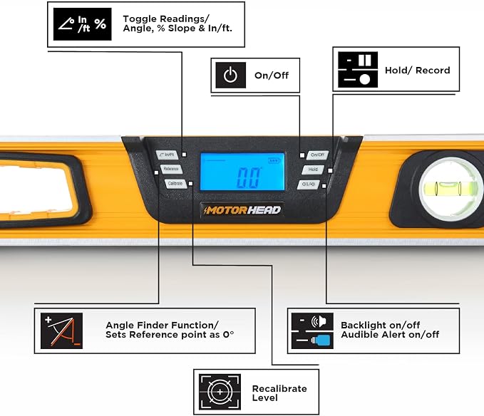 MOTORHEAD 24-Inch 0-180° Smart Digital Level, LCD Screen, Magnetic Bottom | Audible Alerts, Water Dust & Shock Resistant, High-Visibility, Solid-Milled Aluminum, Carrying Bag, Carpentry Masonry Framing