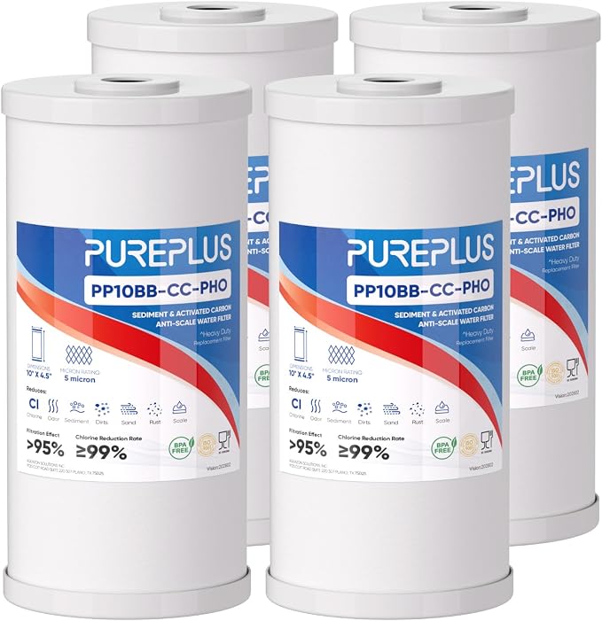 PUREPLUS 10" x 4.5" Whole House Scale Inhibitor & Sediment Filter Compound for Well/TAP Water–Compatible with GE FXHTC, GXWH40L, GXWH35F, GNWH38S, Culligan RFC-BBSA, WRC25HD, Pentek RFC-BB,4Pack