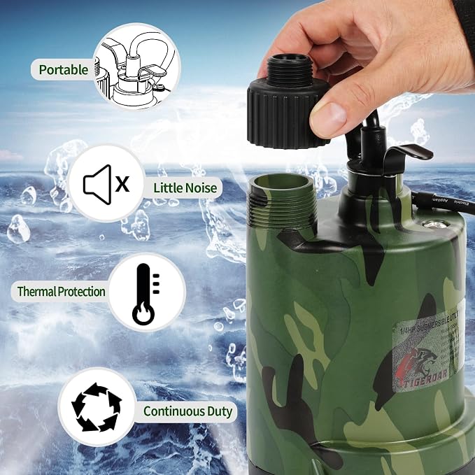 TIGEROAR 120V Submersible Pump 1/4 HP Water Transfer Pump 1800 GPH Utility Sump Pump with 10 ft. Cord and Hose Adapter for Transferring Water