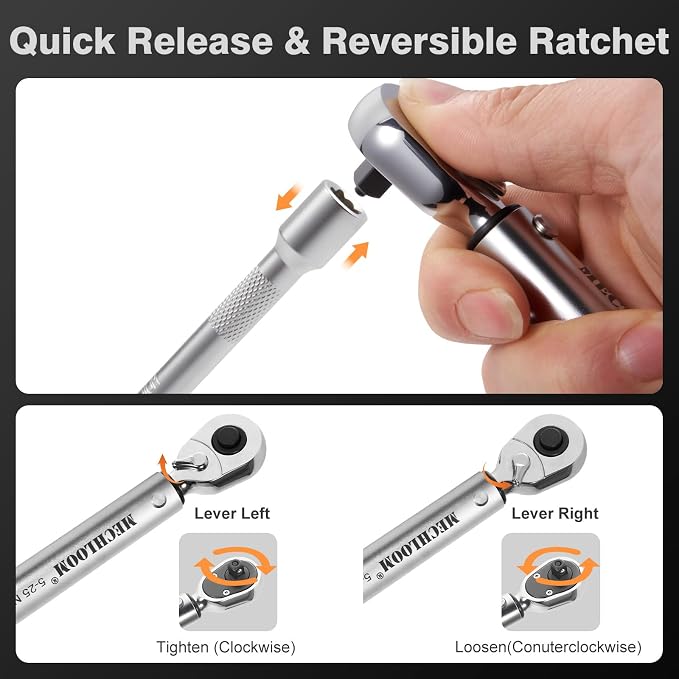 1/4-Inch Torque Wrench, 5–25 Nm, 15-Piece Click Bike Torque Wrench Set with Bits and 4-Inch Extension Bar, Dual-Direction, 0.25 N·m Increments, ±3% Accuracy for Bicycle Maintenance