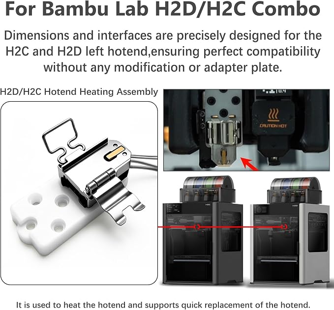 for Bambu Lab H2D/H2C Hotend Heating Assembly - Left,Zirconia Ceramic Base with Pre-Installed Thermistor & Heater Cartridge – Excellent Thermal Insulation– Quick-Clamp Design for Bambu H2C H2D Parts