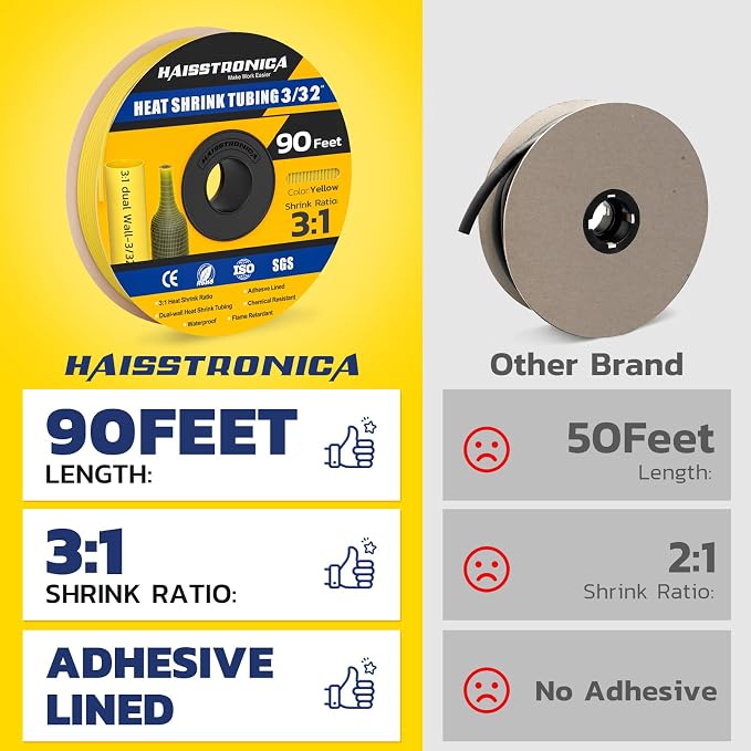 haisstronica 3:1 Heat Shrink Tubing, Shrink Ratio Adhesive Lined Marine Grade Heat Shrink Tube for Home, Automotive and Industrial (Yellow) 90FT 3/32inch
