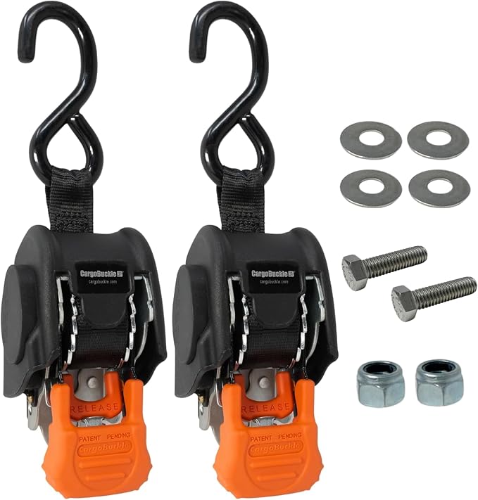CargoBuckle Mini G3 Retractable Ratchet Straps, 1400 lbs Break Strength, 1-Inch Width X 6 ft Reach, Self Retracting Ratchet Straps for Trailers, Toy Haulers, ATVs, and Motorcycles - 2 Pack
