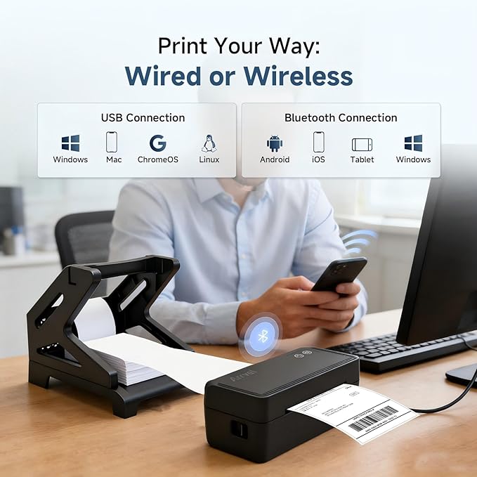 Bluetooth Thermal Label Printer with Stand, Wireless 4x6 Shipping Label Printer for Small Business, Inkless Print for USPS Amazon Etsy Shopify, Support iPhone Android Windows Mac (Black)