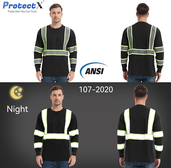 ProtectX 3-Pack Men's High Visibility Heavy Duty Breathable Long Sleeve Reflective Safety T-Shirts for Work