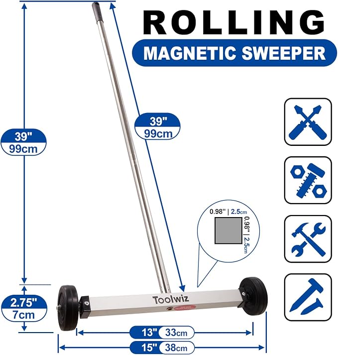 Toolwiz 15" Rolling Magnetic Sweeper 10lbs, with 16 lbs Telescopic Magnetic Pick Up tools –Lightweight Pick-up Sweeper with Wheels for Nails, Screws & Metal Debris Home Use Workshop Garage