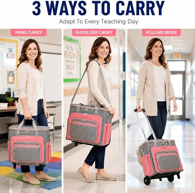 Upgraded Rolling Bag with Detachable Dolly, Heavy Duty Wheeled Teacher Bag, Multifunctional Rolling Briefcase for Work, Office, Craft Storage & Travel (Pink)