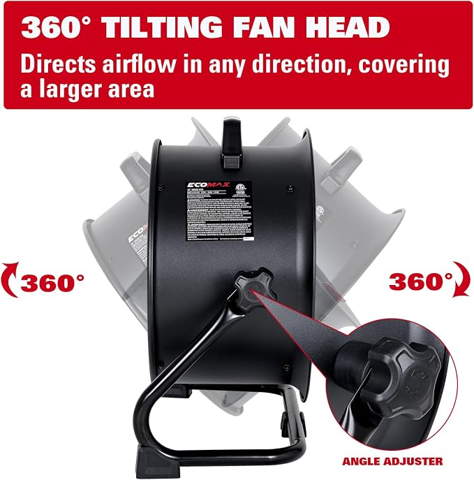 ECOMAX 16 Inch High Velocity Industrial Fan Portable Heavy Duty Drum Fan Metal Shop Fan with 3-Speed 360° Tilting, Floor Fans for Warehouse Workshop Garage, ETL Listed, EMF101618D