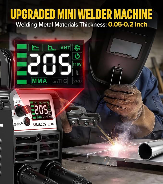 HONE Upgraded MINI Welding Machine, 205Amp Include 25 Rods Stick Welder with Lift Tig Welding, IGBT Inverter Mini Welder Machine 110v with Hot Start Arc Force Anti-Stick VRD for 1/16"-1/8" Rod.