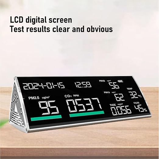 Air Quality Tester, Indoor Air Quality Monitor, Intuitive & Clear Display, PM2.5 PM1.0 PM10 Temperature Humidity CO2 TVOC Time Date Display for Home Hotel School