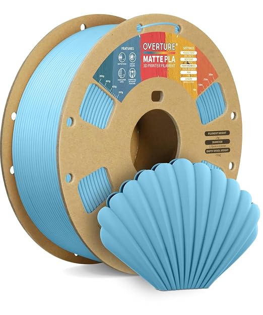 OVERTURE Matte PLA 1.75mm, Low Warp & Smooth Finish 3D Printer Filament | Frosted Matt Finish Hides Layer Lines, 1kg Spool (2.2lbs) Cardboard Spool, Fit Most FDM Printer (Matte Light Blue)