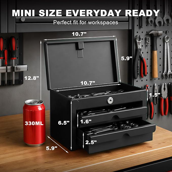 BIG RED Mini Steel Tool Box with Drawer, Small Metal Tool Box Organizer | Lockable Top Storage, Multi-Purpose Portable Tool Box Organize for Desk, Home, Garage, desk or Workbench, Black