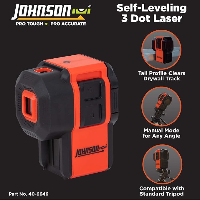 Johnson Level & Tool 40-6646 Self-Leveling 3 Dot Laser w/ 2 Plumb Dots and 1 Level Dot, 4.5", Red, 1 Laser