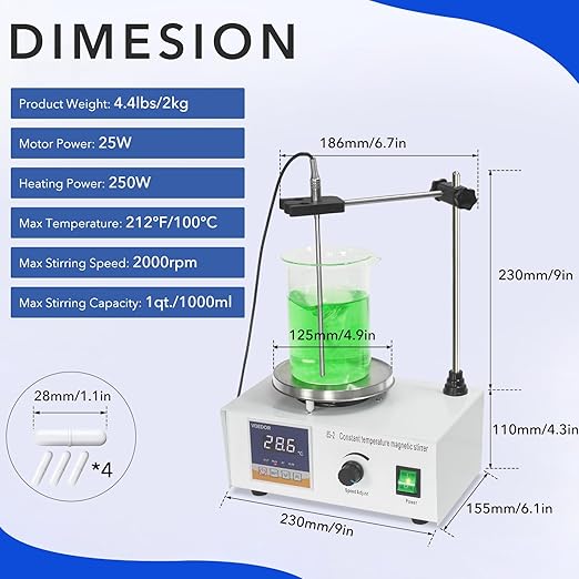 85-2 Digital Display Magnetic Stirrer with 4 Magnetic Stir Bars – Magnetic Stirrer Hot Plate, 0-2000 RPM Lab Stirring System with Temperature Probe, Stainless Steel Plate & Stand Support