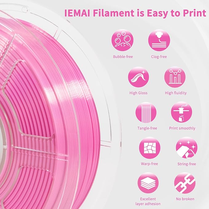 IEMAI Pink Silk PLA Filament 1.75mm 1kg, Silky Glossy Finish 3D Printer Filament Max 600mm/s Printing, Enhanced Toughness & Neatly Wound for DIY, Art & Home Décor