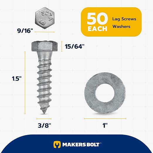 3/8 x 1-1/2 (50 Pack) Lag Screw Kit, 50 Screws and 50 washers, Hot Dip Galvanized, Meets ASME B18.2.1 Industrial/Commercial Grade by Makers Bolt