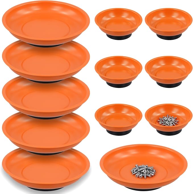 FUNSUEI 12 Packs 3 Inch 6 Inch Magnetic Tray Set, Stainless Steel Tool Magnetic Bowl, 7.5cm 15cm Round Magnetic Parts Tray Holder for Pins, Screws, Bolts, Nuts, Small Parts, Orange
