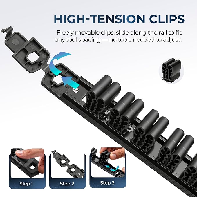 Reniteco Magnetic Screwdriver Organizer and Magnetic Wrench Organizer, Aluminum Rail Tool Holder, 12 Removable Clips, Fits Screwdrivers, Wrenches & Hand Tools, Dual Mount, Tools Not Included