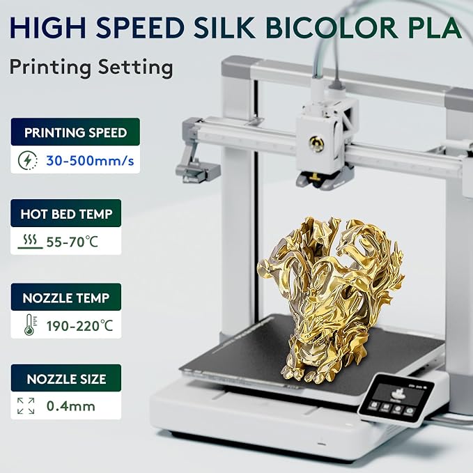 ERYONE Silk Dual Color PLA Filament 3D Printer 1.75mm +/- 0.03mm, Bicolor Filament Two Tone PLA 1KG(2.2lbs) Cardboard Spool, Gold Silver