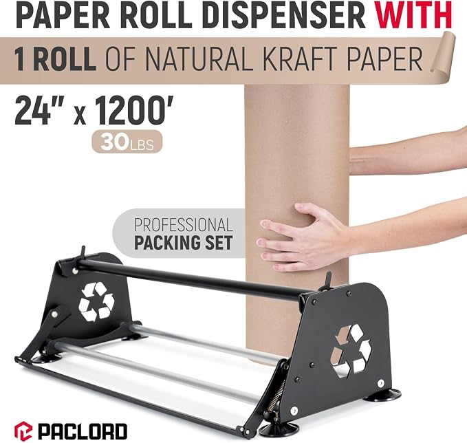 24" Paper Dispenser with Cutter + 30 lb Natural Brown Kraft Paper Roll | Heavy-Duty Steel Holder and 24" x 1200 ft USA-Made Kraft Paper for Packaging, Void Fill, Shipping & Moving
