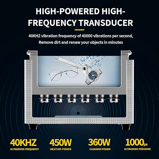 Commercial Ultrasonic Cleaner,15L with Knob, Heater Timer 6 Transducers 450W+360W 40kHz for Carburetor Bike Chain Brass Instrument Jewelry Denture Professional