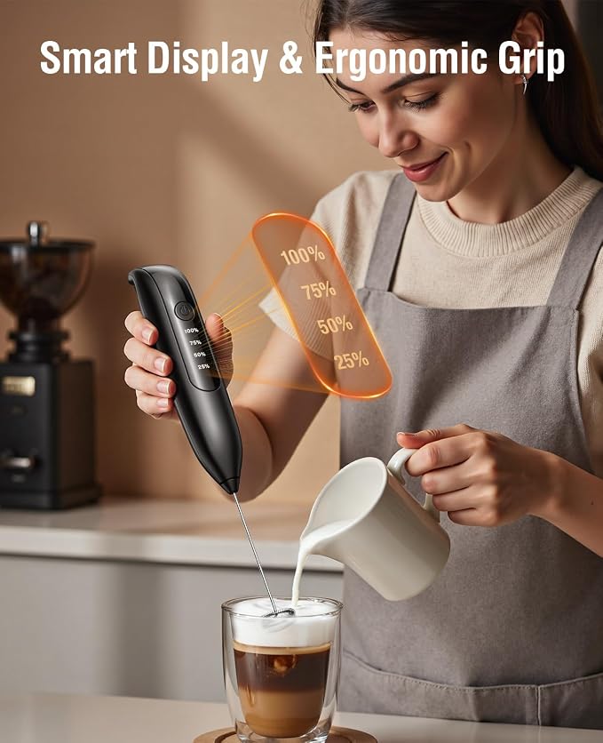Dynooper Electric Milk Frother Handheld: Rechargeable 3 in 1 - LED Digital Display with 3 Speeds Portable Stainless Steel Drink Foam Mixer for Milk Coffee, Lattes, Valentine's Day gifts - Onyx Black