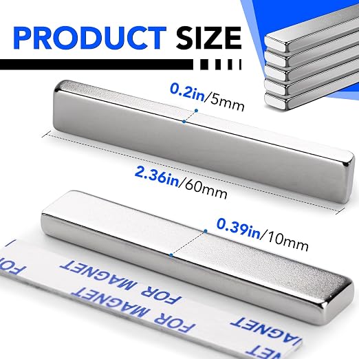 DIYMAG Neodymium Strong Magnets，24 Pcs Magnet Strip for Craft Fridge Silver | 60x10x5 mm Heavy Duty Rare Earth Magnetic Tape with Adhesive Backing on Shower Door Refrigerator Whiteboard Cabinet