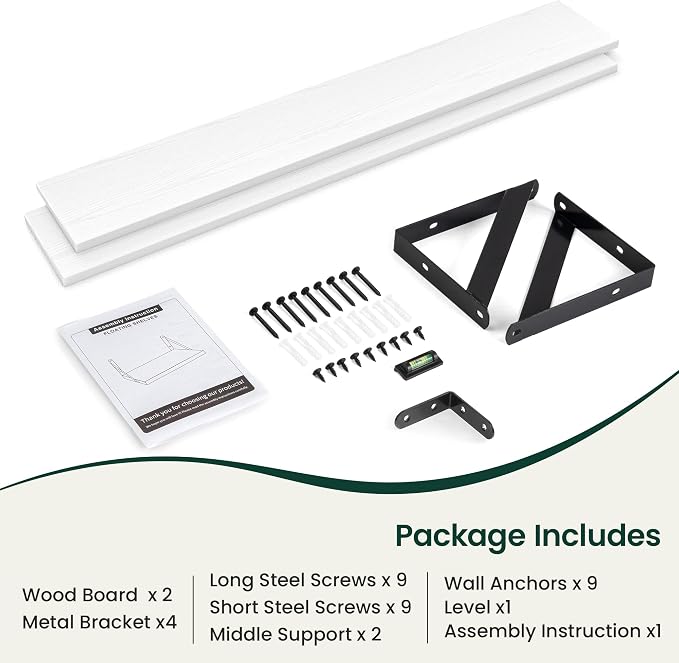 Floating Shelves 8 Inch Deep, 48W x 8D Wall Shelf Set of 2, 70 lbs Heavy Duty Reversible Metal Brackets, Industrial Book Shelf for Living Room Kitchen Bathroom Bedroom Gallery Wall, White