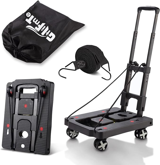 GtIiFmTe Foldable Hand Truck, Lightweight Luggage Cart for Airport Car Seat | Black compact dolly with4wheels,storage size12×15.7×4.1in,300lbs Load,Upright Lock Handle,4 swivel wheels with 3bungee cords