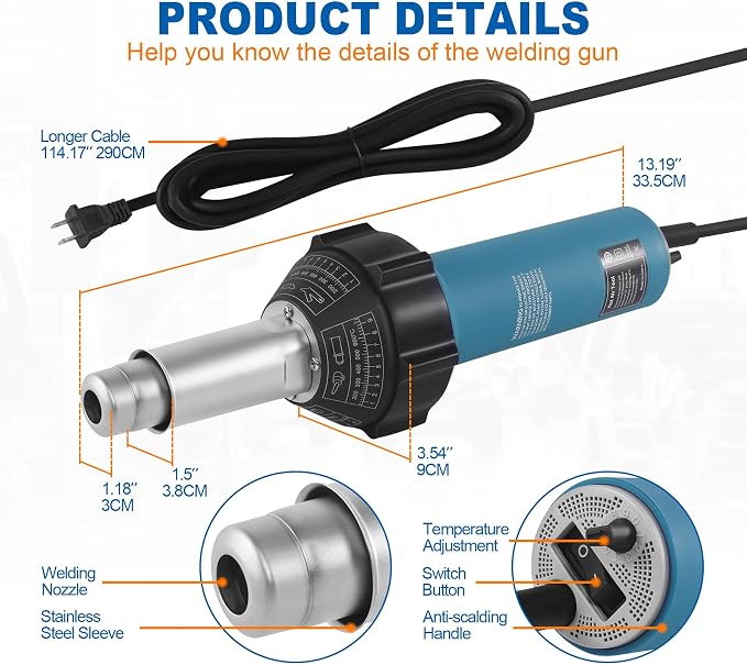1600W 110V Hot Air Welder Heating Gun, TPO PVC Vinyl Welding Kit with Welding Speed Nozzle Roller Rod, 40-600℃ Adjustable Temperature, Handheld Hot Air Torch Plastic Welding Gun Blue