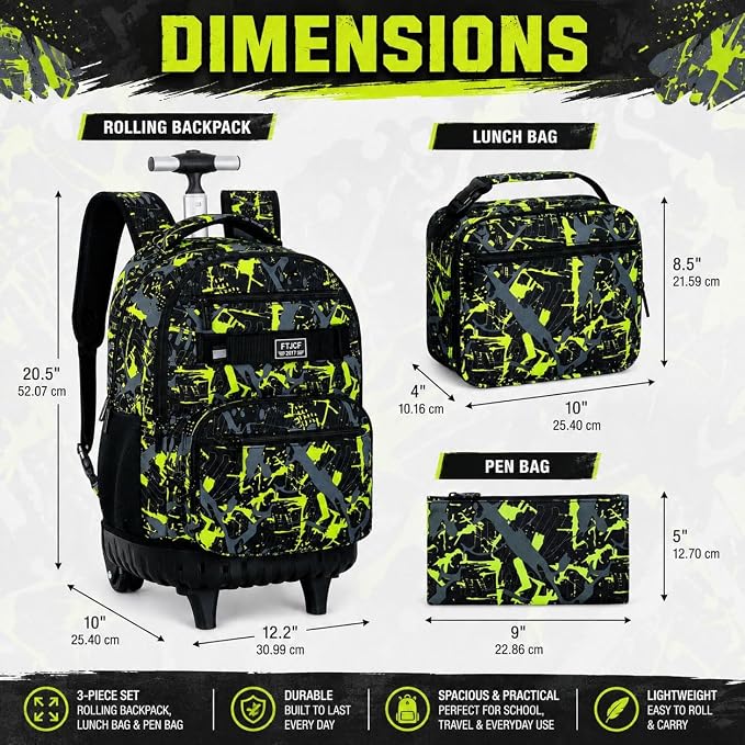 3Pcs Rolling Backpack for Boys Men, Travel Roller Backpacks with Wheels for Adults, Teens College Graffiti Wheeled Bookbag with Lunch Box(Green)