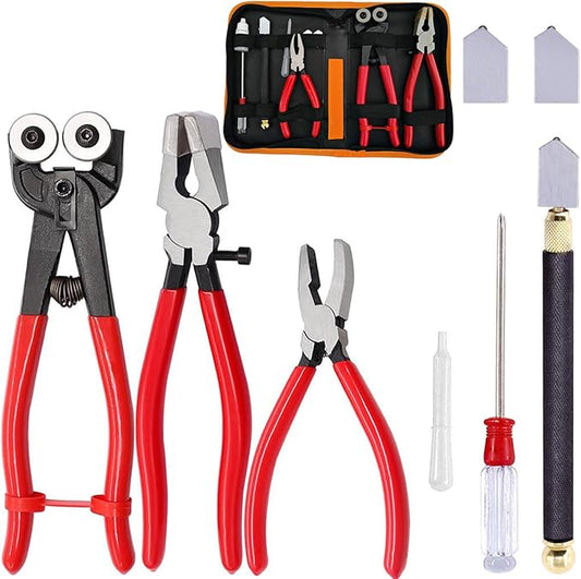 Tayfeim Glass Cutter Tool Glass Cutting Tool Set Kit with Glass Running Pliers Breaking Pliers Wheeled Tile Nippers, Glass Cutter for Stained Glass Mirror Tile Cut，Zipper Package